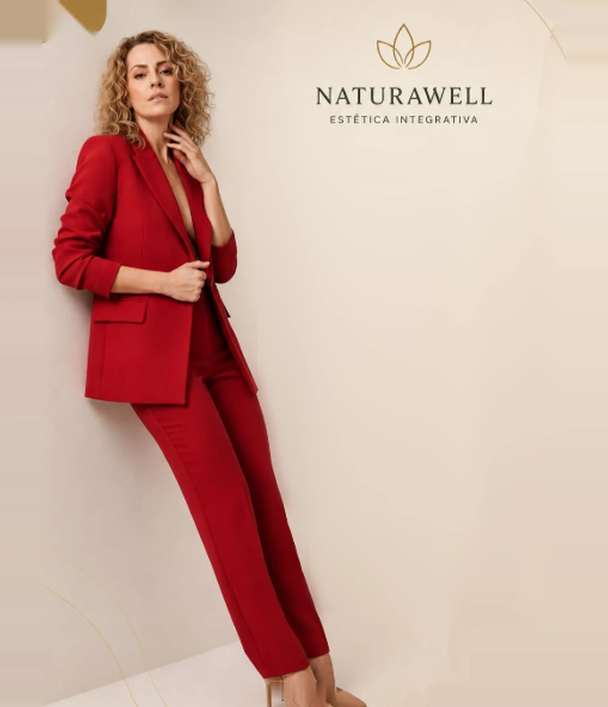 Dra. Cristina Samy de terno vermelho ao lado da logo da Naturawell Estética Integrativa